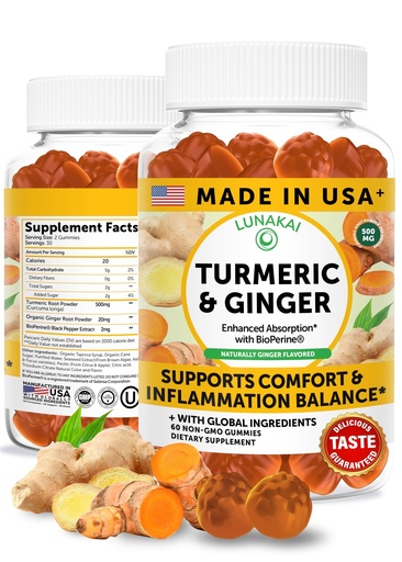 [BRSRE2T4OANR6ELH] Lunakai USA Made Turmeric and Ginger Supplement Gummies 500mg with Black Pepper – High Absorption Curcumin Turmeric Gummies for Joint Comfort, Daily Immune Support, Non-GMO, 60ct