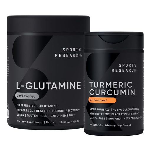 [BRSRGBIHO4CRQCA4] Sports Research® Gut Health - Fermented L-Glutamine and Turmeric Curcumin C3 Complex® w/BioPerine Black Pepper Extract (60 Servings Each)