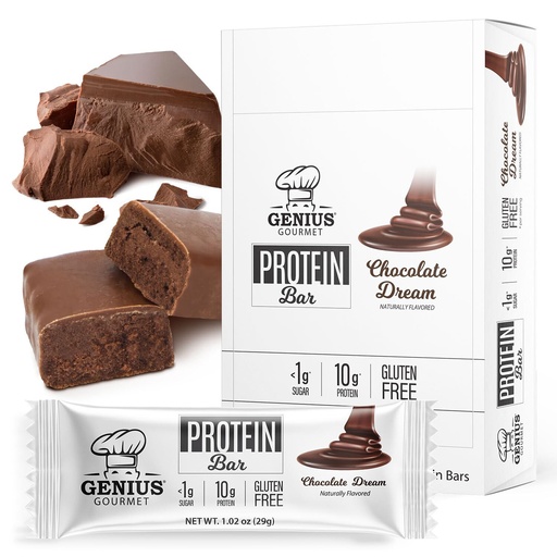 [BRSRMGQECF7GYELB] Genius Gourmet Protein Bar, Chocolate Dream, Keto Snack, Low Carb, Low Sugar & Gluten Free, Protein Snacks for Adults, 10G of Whey Protein per Protein Bar, 5 Net Carbs. 10 Count