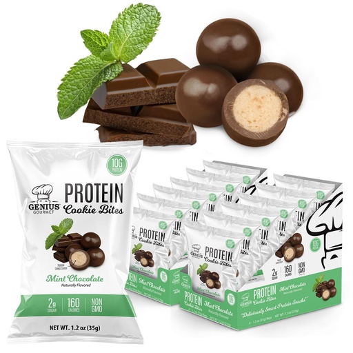 [BRSRAGIQCEIRM33X] Genius Gourmet Protein Cookie Bites Mint Chocolate - 10g Protein, No Added Sugar, Low Carb, Non-GMO - Sweet Protein Desserts & Protein Snacks for Adults and Kids - 12 Bags