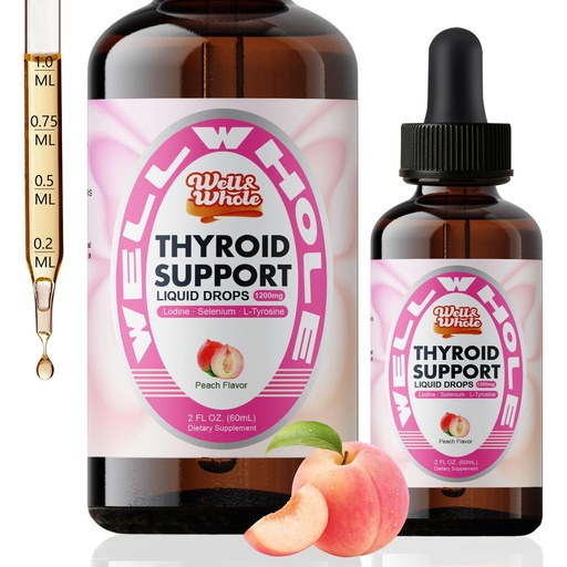 [BRSRECQPBEMRO3DF] Well&Whole Thyroid Drops for Women – Iodine 150mcg with Selenium & Zinc – Liquid Metabolism & Energy Wellness Formula – Herbal Thyroid Nutrient Complex, Peach Flavor