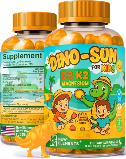[BRSRGYIZBUJQK2DZ] New Elements Kids Vitamin D3 K2 Gummies with Magnesium Glycinate | Strong Bones & Immune Health | Vitamin D3 1000 IU for Kids | Vitamin K2 for Kids 20mcg | Non-GMO, Gluten-Free