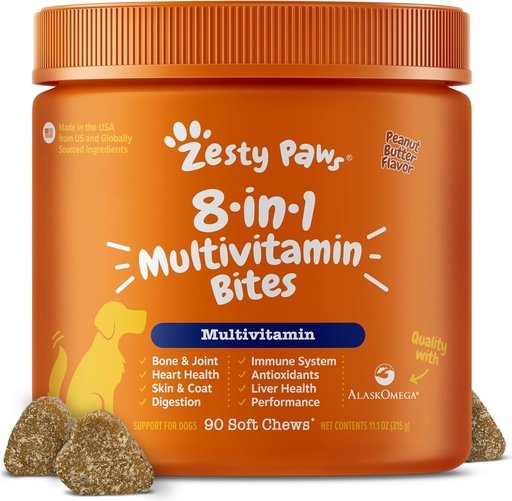[BRSWG2Y2AQIB6HIU] Zesty Paws Multivitamin Treats for Dogs, Glucosamine Chondroitin Joint Support + Digestive Enzymes & Probiotics, Grain Free Dog Vitamins and Supplements for Skin & Coat, Peanut Butter - 90ct