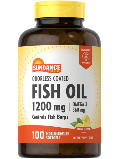 [BRSWICAPBQORCEA5] Sundance Odorless Fish Oil 1200mg | 100 Coated Softgels | Controls Fish Burps | Lemon Flavor | Non-GMO and Gluten Free Supplement