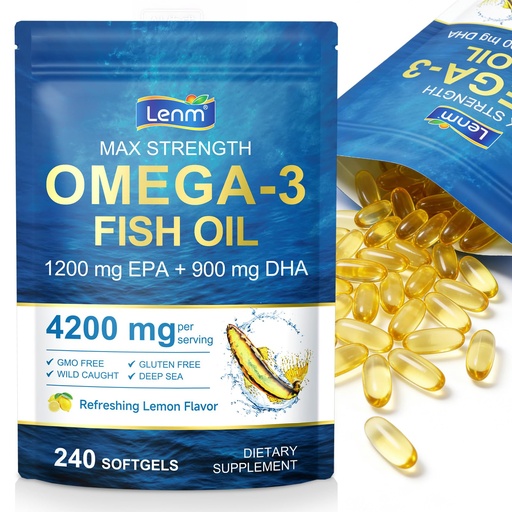 [BRSRGCT4BZ6WYH33] Omega-3 Fish Oil, 240 Softgels Triple Strength 4200mg per Serving with 1200mg EPA & 900mg DHA, Lemon Flavor, Wild Caught ﻿