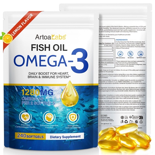 [BRSREGT7OEIBG333] Omega 3 Fish Oil,240 Softgels from Deep Sea Fish–Lemon Flavored-with EPA & DHA-Promotes Brain,Heart,Joint,& Immune Health-20 Days Servings