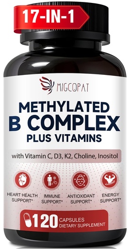 [BRSREZQECIBBQHY4] Migcopat 17-in-1 Methylated B Complex, 258,150 mcg Multivitamins, B12 Methylcobalamin, Methylfolate,Vitamin C, Vitamin D3 K2, CoQ10, Biotin, TMG, Methylated Multivitamin for Energy, Brain-120 Capsules