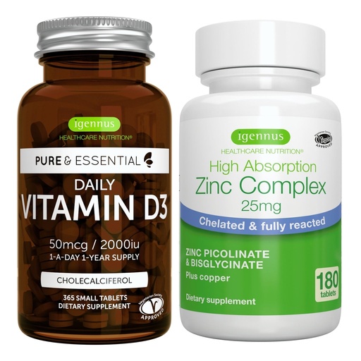 [BRSRM2QTDINB4HQU] Daily Vitamin D3 + Zinc Complex Vegetarian Bundle, 365 2000iu Vitamin D3 Tablets + 25mg Chelated Zinc Picolinate & Bisglycinate with Copper, by Igennus