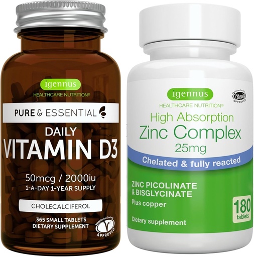 [BRSRM2QTDINB4HQU] Daily Vitamin D3 + Zinc Complex Vegetarian Bundle, 365 2000iu Vitamin D3 Tablets + 25mg Chelated Zinc Picolinate & Bisglycinate with Copper, by Igennus