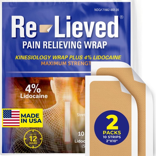 [BRSRAEDQDMOQ43LA] 4% Lidocaine Maximum Strength Pain Relief Kinesiology Tape - Relieves Back, Joints and Muscle Pains - Superior Sticking, Aluminum-Free Water Resistant, and USA Made - 2" x 10" Strips (20 Pcs)