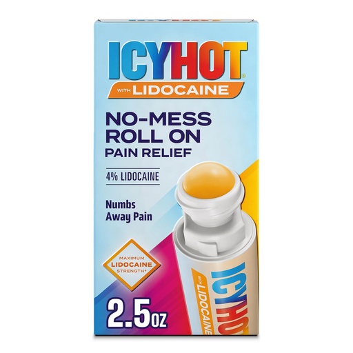 [BRSWG23YB5YAG3Q3] Icy Hot Lidocaine Pain Relief No-Mess Roll-On Applicator, Numb Aggravated Nerves with Max Strength Lidocaine 4%, Pain Relief for Minor Pain, Backaches, Sprains and Strains, 2.5 oz