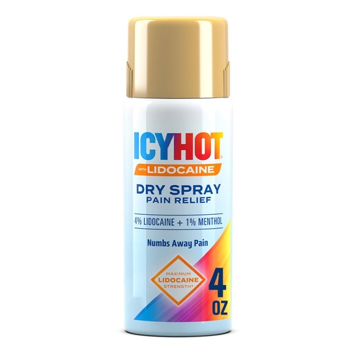 [BRSWGBTROJ5AG336] Icy Hot Lidocaine Pain Relief Dry Spray, Numb Aggravated Nerves with Max Strength Lidocaine 4% and Menthol 1%, Fast-Acting Pain Relief for Minor Pain, Backaches, Sprains and Strains, 4 oz