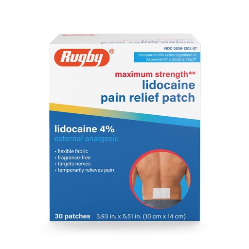 [BRSRMAALC4HREYDG] Rugby Maximum Strength Lidocaine Pain Relief Patch - 4% Lidocaine - Topical Anesthetic - Unscented - 30 Patches (1 Pack)