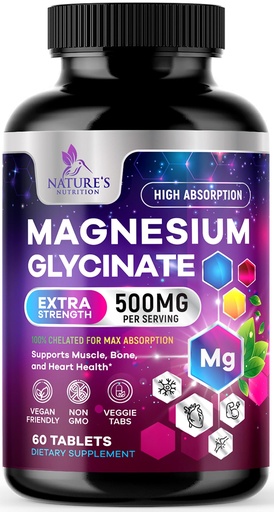 [BRSWGEIZAUCGCCQ7] Magnesium Glycinate Supplement - 500mg Magnesium Per Serving - 100% Chelated & Purified - Supports Sleep, Heart Health, & Muscle Strength - Best Absorption Magnesium, Bottled in USA - 60 Tablets