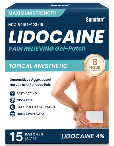 [BRSRAAYZAUCREFLB] Sumifun 4% Lidocaine Patches Maximum Strength - 15 Count Pain Relief Patches for Back, Shoulder, Elbow, Knee, Muscle & Joint - Topical Analgesic Unscented