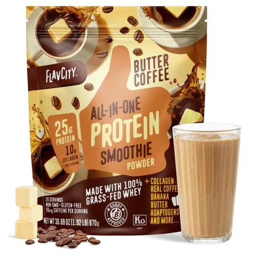 [BRSROHTRCIIBEADL] FlavCity All in One Protein Shake Powder, Butter Coffee - 55mg Caffeine + Collagen Peptides, Reishi & Cordyceps - Focus, Skin, Hair & Joint Support - 100% Grass Fed Whey, 20 Servings