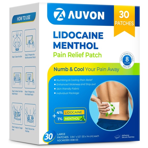 [BRSREAQPDIMGOET2] AUVON Max Strength Lidocaine Pain Relief Patches (30 Count), 4% Lidocaine & 1% Menthol Penetrates for Fast, Targeted Relief of Back, Shoulder, Neck & Joint Pain, Adhesive Secure Patches Included