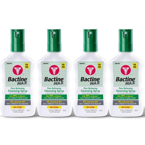 [BRSWGBD4CFYRE2DF] Bactine MAX First Aid Spray - Pain Relief Cleansing Spray with 4% Lidocaine - Numbing Lidocaine Kills 99% of Germs - Pain + Itch Relief for Minor Cuts & Scrapes, Burns & Bug Bites - 5oz, 4 Pack
