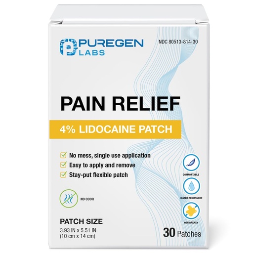 [BRSRAFL7OAFWOCIY] Puregen Labs Lidocaine 4% Numbing Patch Maximum Strength | Fast Acting Temporary Relief of Aches | Back, Neck, Shoulders, Elbows, Knees - Unscented | 30 Patches