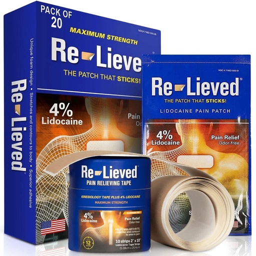 [BRSROCYFDIBQI2YY] 4% Lidocaine Patches & Pain Relief Wrap Bundle - Maximum Strength - Aluminum-Free, Water Resistant, and USA Made - Superior Sticking Relieving Back, Joints and Muscle Pain- Combo Pack