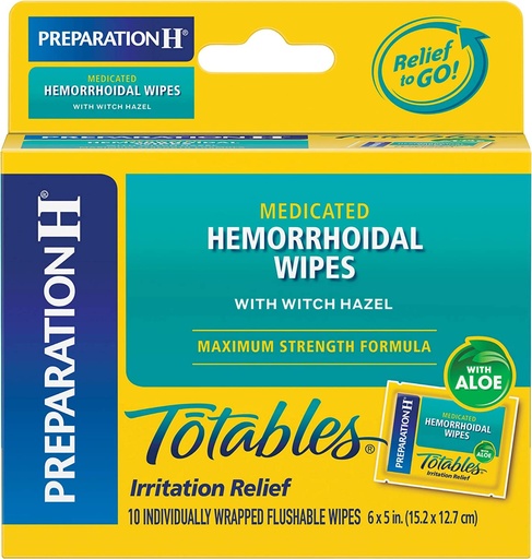 [BRSWIZD5AUBQYHLY] Preparation H Totables Medicated Hemorrhoidal Flushable Wipes with Witch Hazel, Maximum Strength Formula, Gentle Everyday Cleansing with Aloe, Individually Wrapped, 10 ct (Pack of 6)