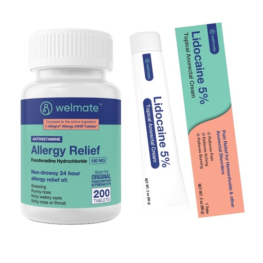 [BRSROBD5B4FB4CAV] WELMATE Allergy Relief & Pain Soothing Kit: Fexofenadine HCl 180mg (200 Ct) & 5% Lidocaine Cream (2 Oz)