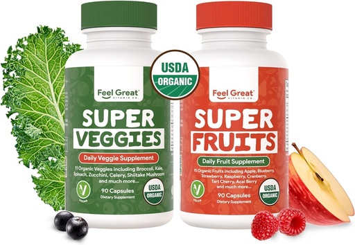 [BRSW2HAQBZ4GCG3G] Feel Great USDA Organic Fruit and Vegetable Supplements | 20+ Super Reds & Greens for Natural Energy Support | Vegan Fruit and Veggie Vitamins | 2 Pack of 90 Count