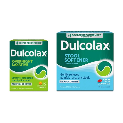[BRSRAAT2AAIRQCLF] Dulcolax Overnight Relief Laxative for Gentle Constipation Relief, Bisacodyl 5 mg Tablets, 10 Ct Gentle Relief Stool Softener Laxative, Docusate Sodium, 100mg Liquid Gel Tablets, 100 Ct