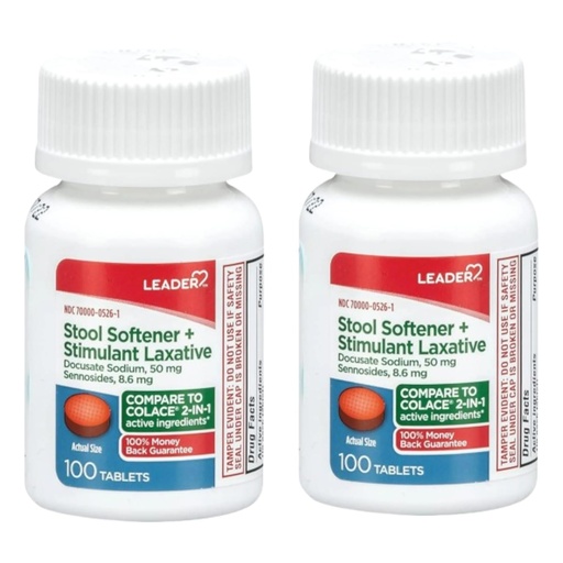 [BRSROH35CMMQIC34] Leader 2-in-1 Stool Softener & Stimulant Laxative, Docusate Sodium 50mg, Sennosides 8.6 mg, Gentle Occasional Constipation Relief for Adults, Both Men & Women, & Children Ages 6+, 100 Tablets 2-Pack