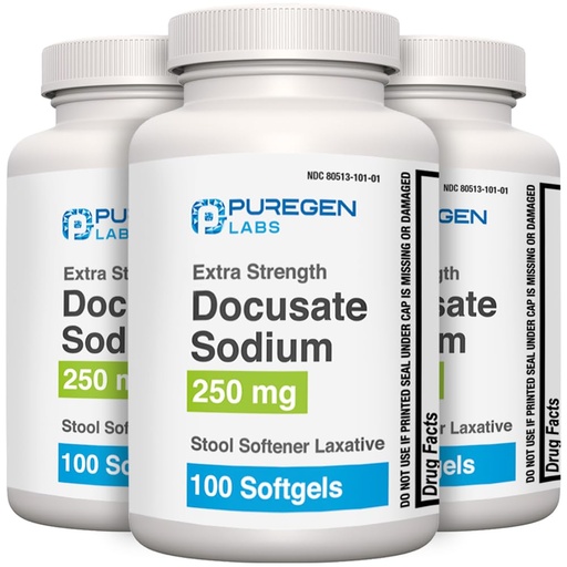[BRSRMGDYOJYAIA3O] Puregen Labs Docusate Sodium 250mg Stool Softener Laxative | Gentle Constipation Relief | Extra Strength | Stimulant Free Total 300 softgels