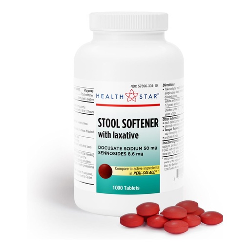 [BRSRMAT5OIHQEYDJ] Health Star Docusate Sodium with Senna Tabs, 50mg / 8.6mg, Laxative Tablets (1,000 Tablets)