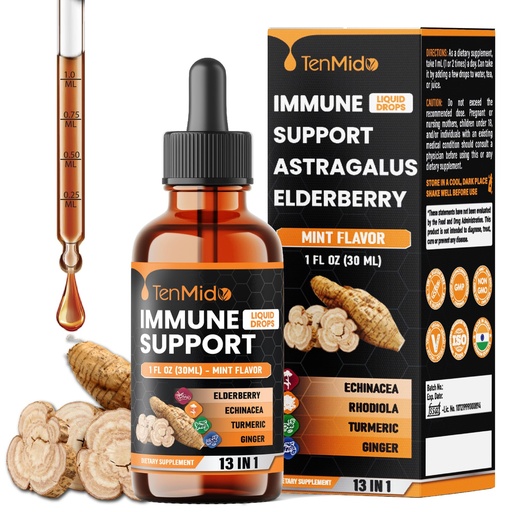 [BRSREGAQCEHBQ3DO] 13-in-1 Immune Support Supplement Liquid Drops with Astragalus, Elderberry, Quercetin, Echinacea, Chlorophyll, Turmeric, Ginger, Rhodiola, Licorice, and More - 30ml 1 Fl Oz
