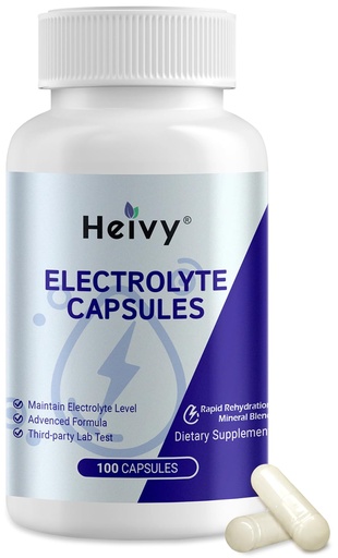 [BRSREZAYBAMWYCLA] Heivy Electrolyte Capsules, High Sodium Salt Tablets (500mg Sodium &100mg Potassium), Salt Pills for POTS, Running, Keto, Electrolytes for Hydration Supplement - 100 Count (Size 0) - Made in USA