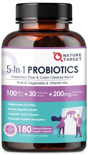 [BRSROCA3BUBWM23L] NATURE TARGET Probiotics for Women-Men Digestive Health, Mens-Womens Probiotic with Prebiotics, 100 Billion CFUs for Gut and Immune Health, 180 Veggie Capsules (90 Days Supply)