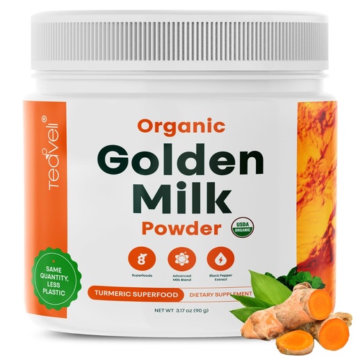 [BRSWKHDQDIFWIETA] Organic Golden Milk Powder (Leche Dorada organica) with Turmeric, Ginger, Curcumin, Cinnamon, KSM66 Ashwagandha, Tulsi & Natural Prebiotics– Delicious Vegan-Friendly, Unsweetened Turmeric Tea Latte