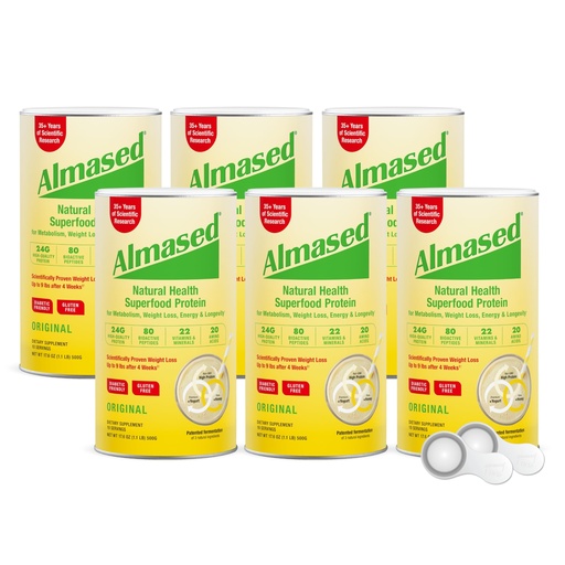 [BRSREBDQDN6BM234] Almased Health Superfood Protein Powder for Weight Loss, Meal Replacement Shake, high protein, Complete nutrition (Original Flavor, 6 Cans @ 17.6 oz ea + scoop + 700ml Shaker Bottle)