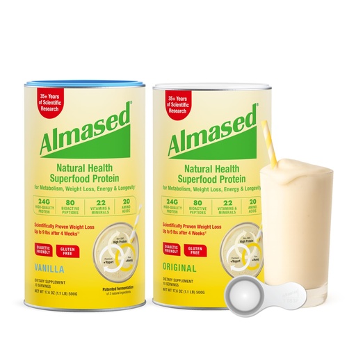 [BRSREEIBCQPBA33G] Almased | High Protein Shakes | Meal Replacement Shake | Meal Replacement Powder for Weight Loss with Shaker Bottle (Original and Vanilla, 2 Cans of 17.6 oz + Bottle + Scoop)