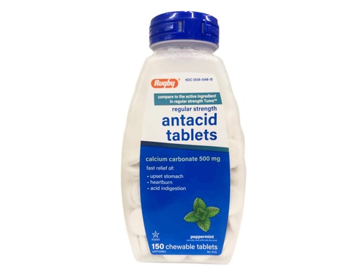 [BRSWGFANBMCB4HLZ] Rugby Calcium Carbonate 500mg Antacid Tablets Peppermint, Regular Strengh, 150 Chewable Tablets