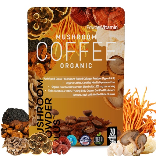 [BRSRAHAFCUHWC3Q7] PowderVitamin Organic Mushroom Coffee Certified Mold & Mycotoxin-Free GrassFed Collagen Types I & III 8 Fruiting Body Mushrooms Tested for Beta-Glucans Focus Energy Digestion & Immunity 30 Servings