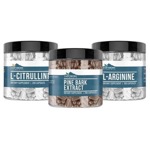 [BRSROEAKCQCGCHL7] Earthborn Elements Pine Bark, L-Arginine, & L-Citrulline Capsule Bundle, 200 Capsules Each, Pure & Undiluted, No Additives