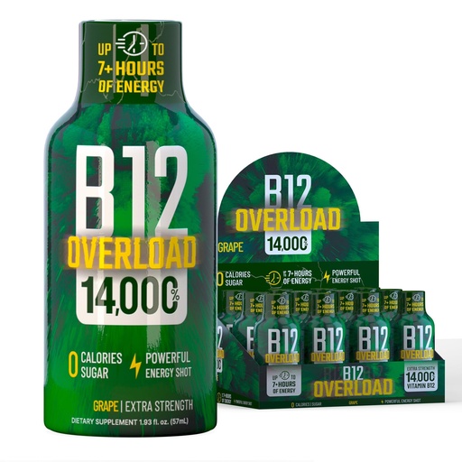 [BRSRACQEDF7AGHTO] B12 Overload Extra Strength Energy Shot – Grape – 260mg Caffeine, 14000% B12, Electrolytes – Energy & Vitality Support – Zero Sugar No Calories – Vegan, Kosher, Gluten-Free – 1.93 fl oz, 12-Pack