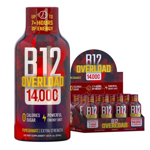 [BRSRABQ7CV6GYDY2] B12 Overload Extra Strength Energy Shot – Pomegranate – 260mg Caffeine, 14000% B12, Electrolytes – Energy & Vitality Support – Zero Sugar No Calories – Vegan, Kosher, Gluten-Free – 1.93 fl oz, 12-Pack
