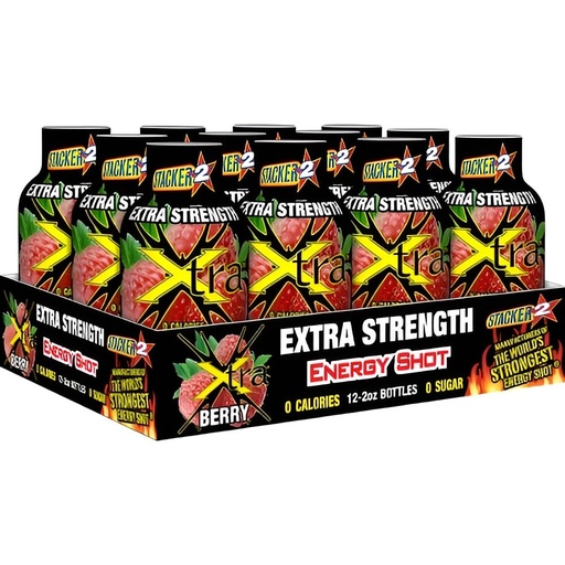 [BRSRGAICDIAW22DB] Stacker Xtra Extra Strength Energy Shot, Berry Flavor, 0 Calories, 0 Sugar, Liquid, 2 oz, 12 Pack