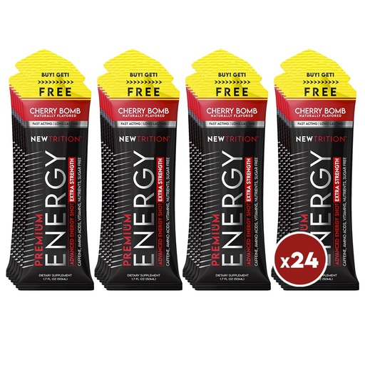 [BRSRE23RCECWEDT7] NewTrition® Extra Strength Energy Shots, 1.7 fl oz - 250mg Caffeine with Vitamin B & Amino Acids, Sugar-Free, Zero Calorie Vitamin Energy Drink for Focus & Endurance (Pack of 24, Cherry Bomb)