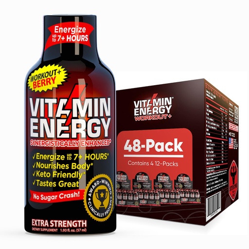 [BRSRAGLQCQBBMHY6] Vitamin Energy Workout+ Extra Strength Energy Shot Berry 48 Pack, 260mg Natural Caffeine, Pre-Workout, B-Vitamins, Minerals, Endurance & Performance, Zero Sugar, Gluten-Free, Vegan, 1.93 fl oz