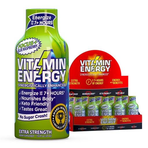 [BRSREZT4CAPRSCDX] Vitamin Energy Focus+ Extra Strength Energy Shot Blue Raspberry 10 Pack, 260mg Natural Caffeine, B-Vitamins, CoQ10, Amino Acids, Focus, Productivity & Clarity, Zero Sugar, Gluten-Free, 1.93 fl oz