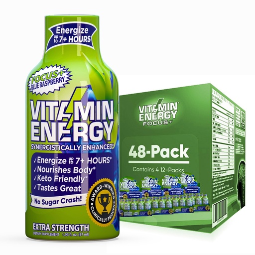 [BRSRABALCUHW2CTH] Vitamin Energy Focus+ Extra Strength Energy Shot Blue Raspberry 48 Pack, 260mg Natural Caffeine, B-Vitamins, CoQ10, Amino Acids, Focus, Productivity & Clarity, Zero Sugar, Gluten-Free, 1.93 fl oz