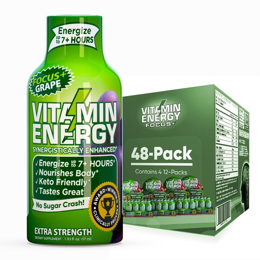 [BRSRAHAHBEBGMAYV] Vitamin Energy Focus+ Extra Strength Energy Shot Grape 48 Pack, 260mg Natural Caffeine, B-Vitamins, CoQ10, Amino Acids, Focus, Productivity & Clarity, Zero Sugar, Gluten-Free, 1.93 fl oz
