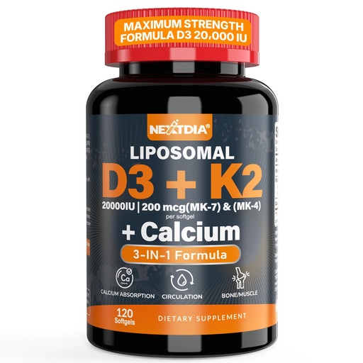 [BRSRAYL6AAHRADTP] Vitamin D3 20,000 IU + K2 Vitamin (MK4 & MK7) 200mcg + Calcium Citrate, Optimal Vitamin D3 K2 Softgel - Strong Bone & Muscle, Calcium Absorption, Helping Vitamin D Deficiencies, Easy to Swallow, 1Pack