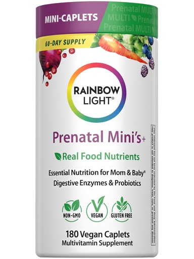 [BRSWIYAKCMNRQEI3] Rainbow Light Prenatal + Multivitamin for Women | 180 Vegan Caplets | Essential Nutrition for Mom & Baby | Real Food Nutrients, Digestive Enzymes, & Probiotics